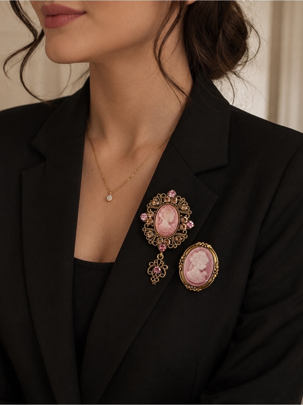 Vintage Pink Cameo Brooch Set - Elegant Women Jewelry